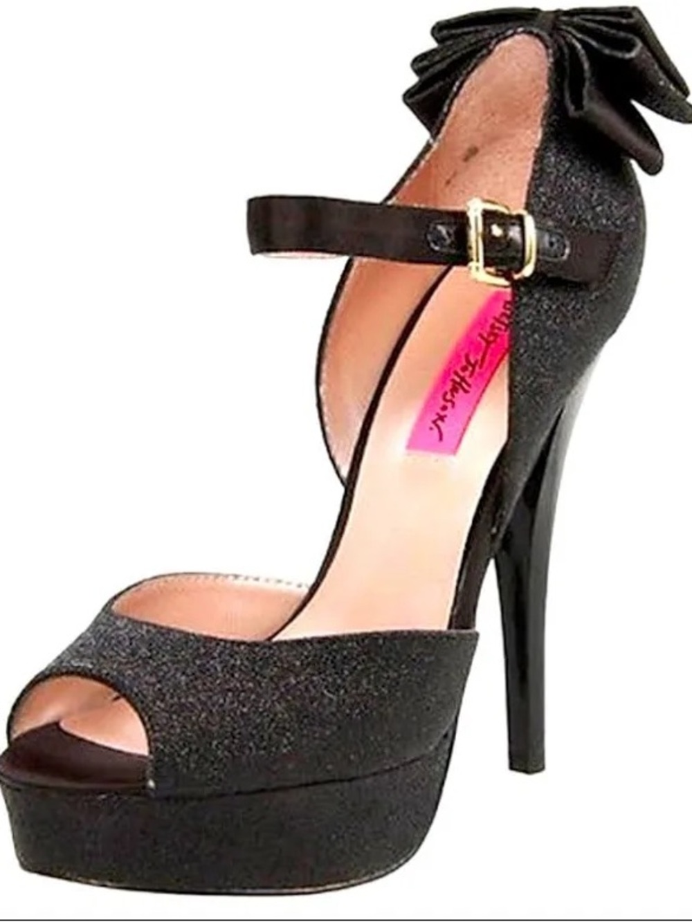 Betsey Johnson Alexsaa Black Glitter Bow Platform Heels 6.5